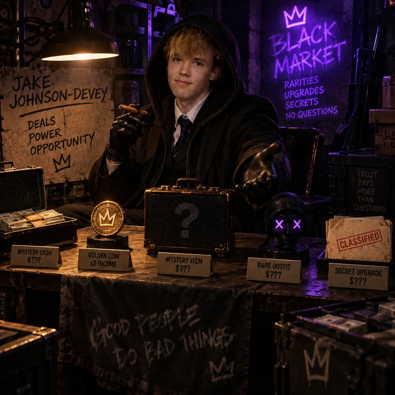 Jake, the hooded Black Market salesman behind his market stall